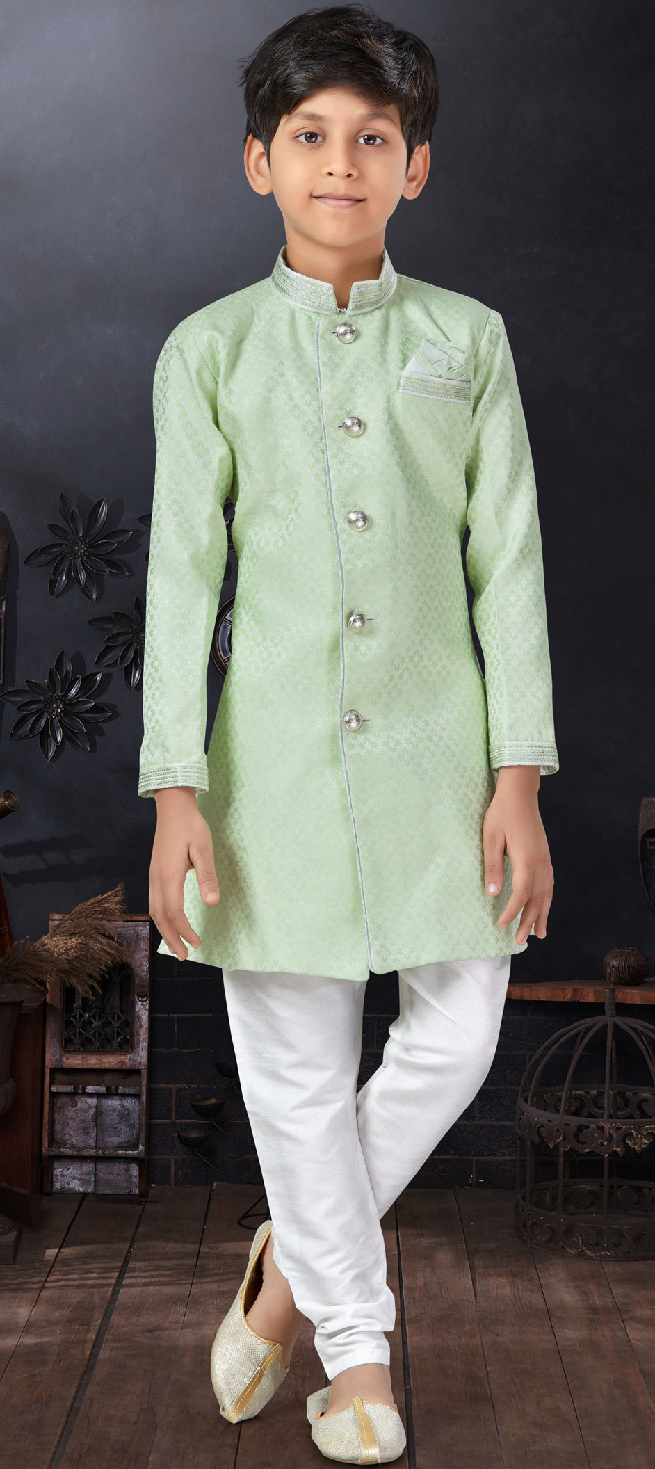 Party Wear Green color Jacquard fabric Boys Indo-Western : 1922594