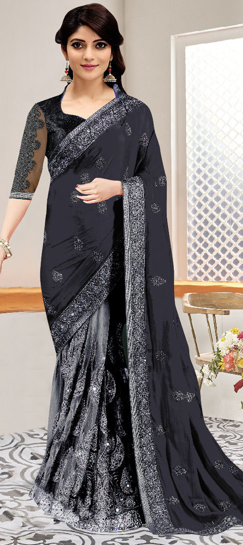 Party Wear, Reception Black and Grey color Chiffon fabric Saree : 1890870