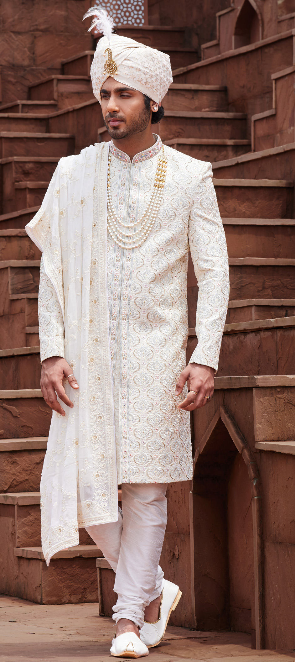 Wedding White and Off White color Art Silk fabric Sherwani 1923648
