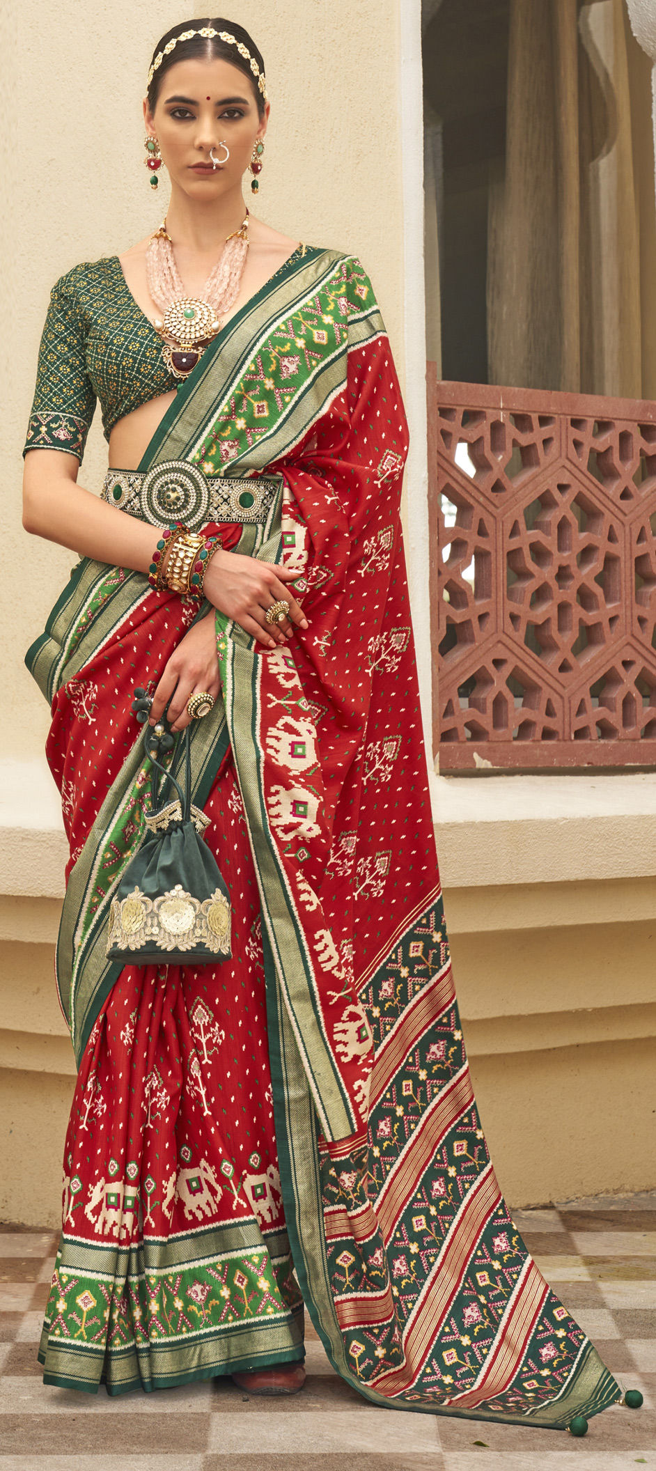 Traditional, Wedding Green, Red and Maroon color Art Silk, Silk