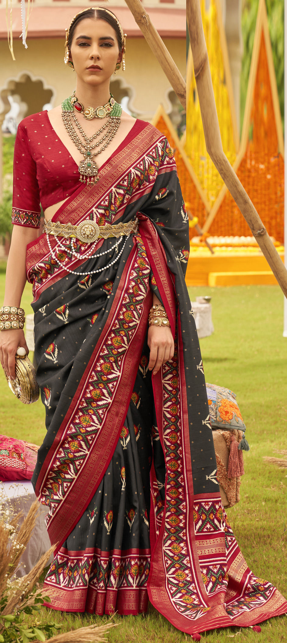 Party Wear Traditional Black and Grey color Art Silk Silk fabric Saree 1923973