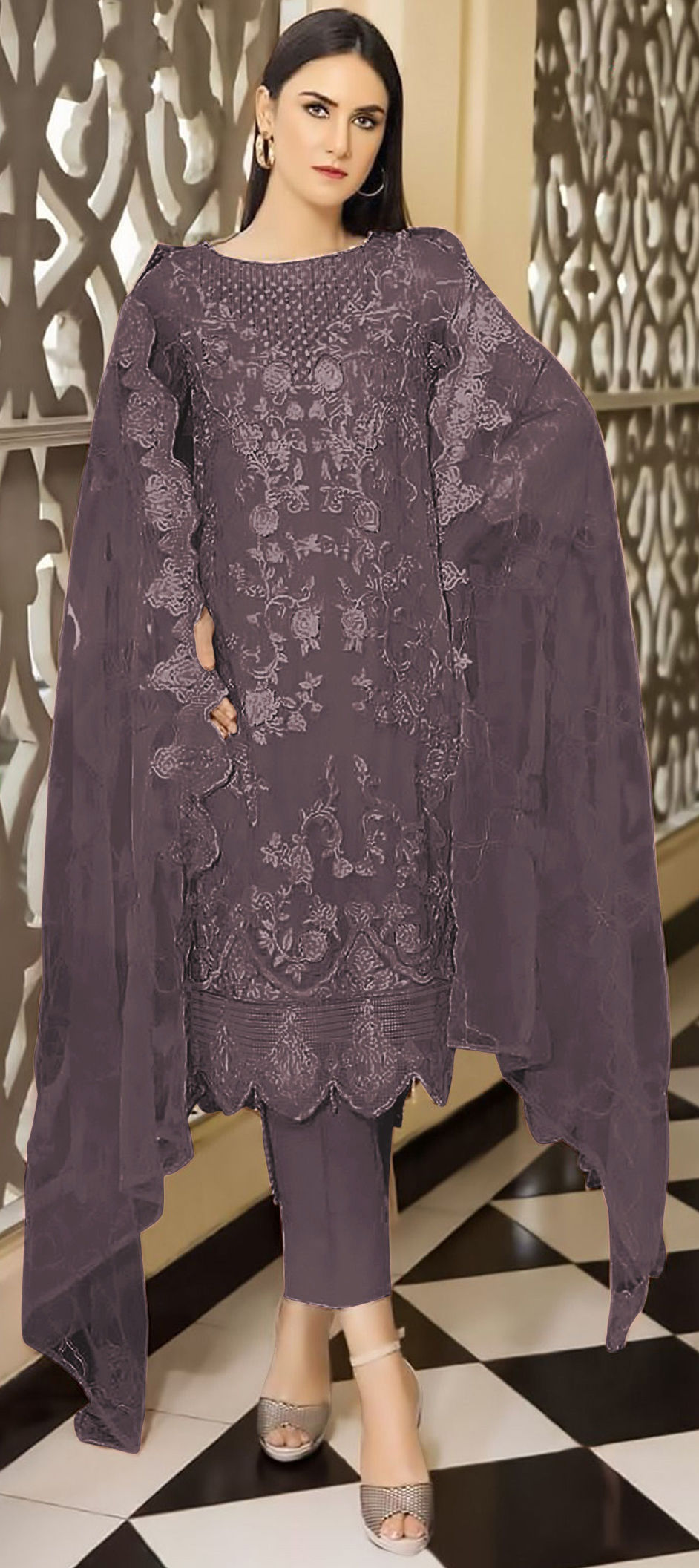 Trendy Beige Georgette Designer Traditional Party Wear Salwar Suit With Beige Santoon main image 1