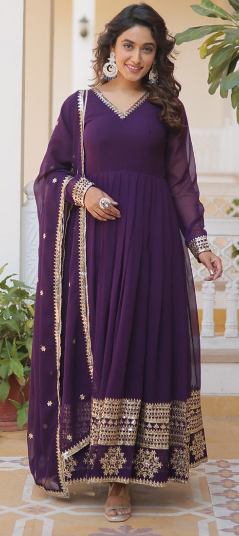Plum Purple Georgette Thread & Sequins Wedding Party Gown main image 1