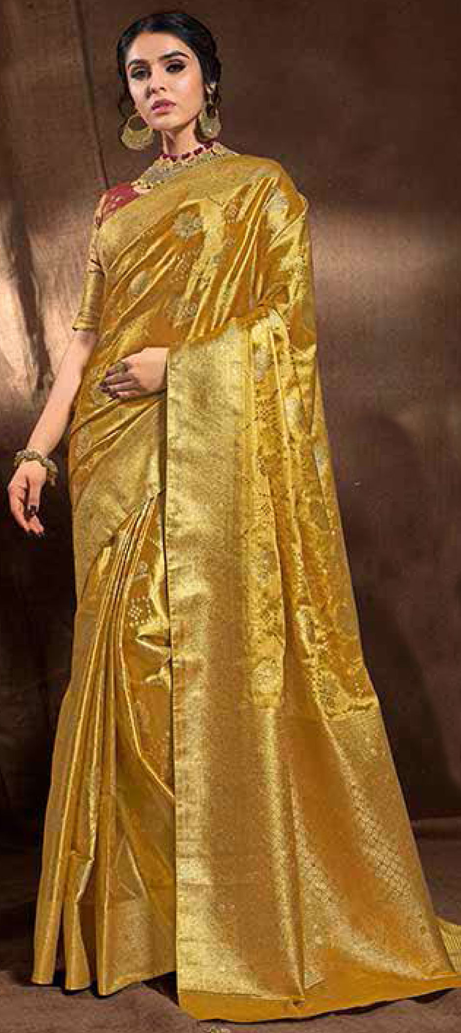 Gold Woven Design Banarasi Silk Blend Saree With Unstitched Blouse Piece main image 1