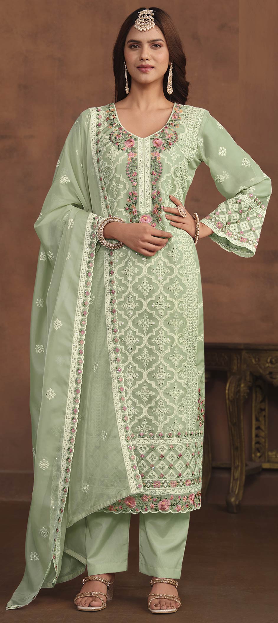 Modern Green Organza Designer Party Wear Salwar Suit With Green Santoon