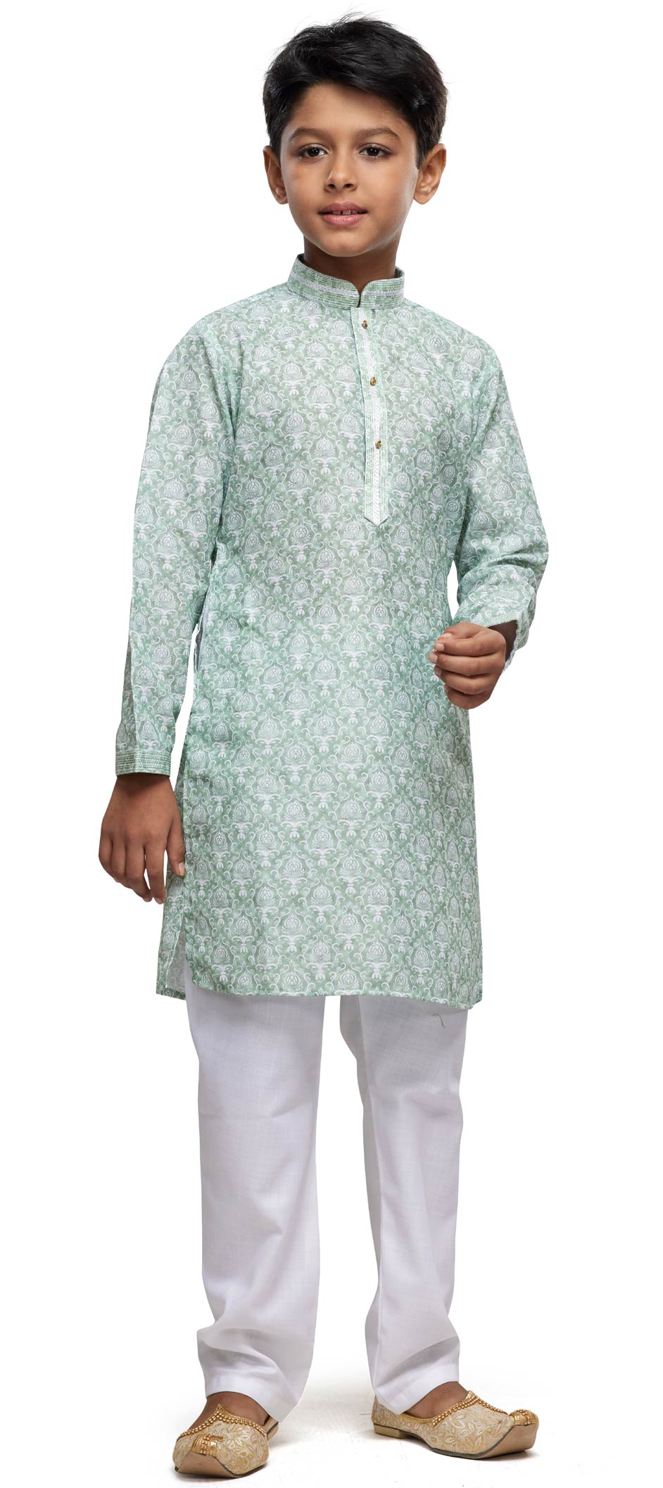 Floral Printed Jacket and Green Kurta with Printed Ruffled Panels and White Pyjama for Boys