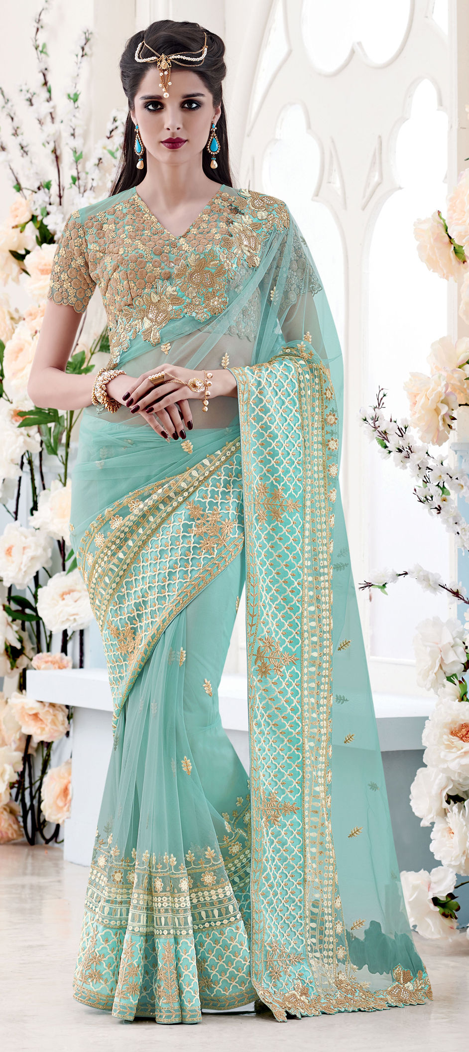192878 Blue color family Embroidered Sarees, Party Wear Sarees with