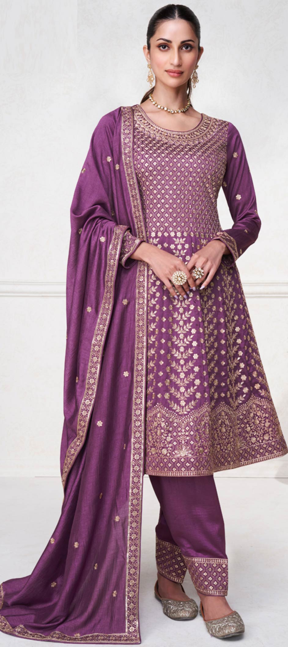 Purple V Neck Embroidery Silk Salwar Set