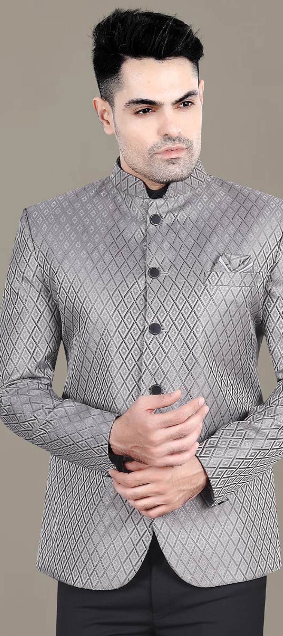 Jacquard Party Wear Blazer in Black and Grey with Thread work