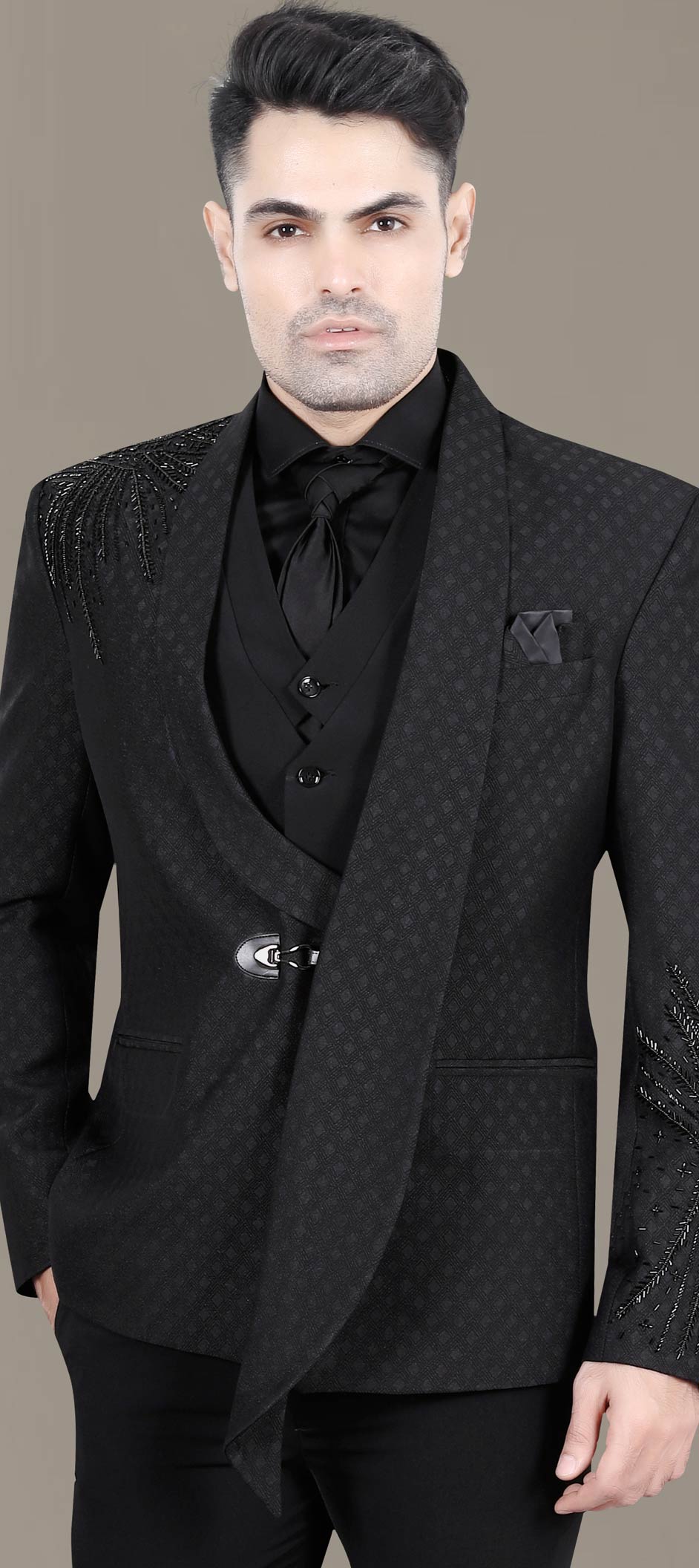 Party Wear Black and Grey color Rayon fabric Blazer 1929389
