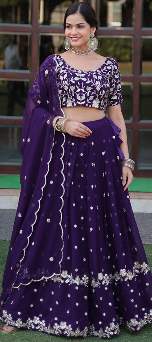 Deep Violet Pure Foux Georgette Lehenga Suit