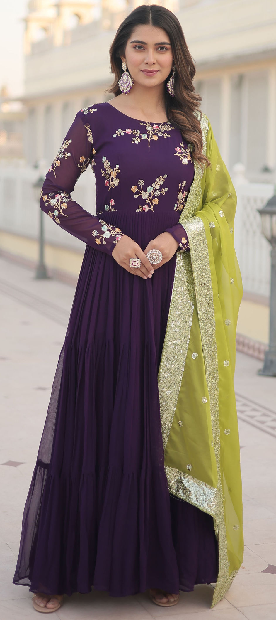 Faux Georgette Festive Gown in Purple and Violet with Embroidered work Indian Dresses