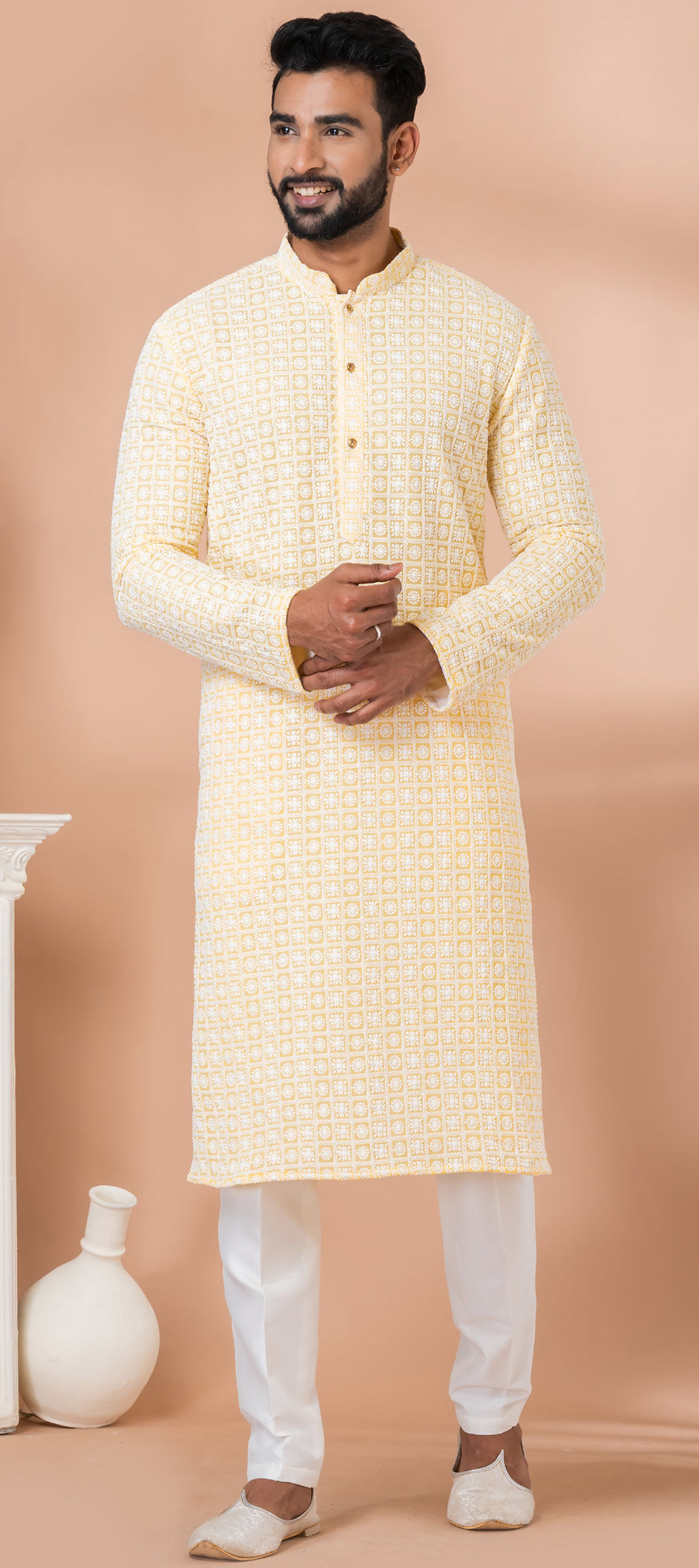 BluesnGreys Designer Lemon yellow with thread embroidery Kurta Party Wear Pant Set - Rent