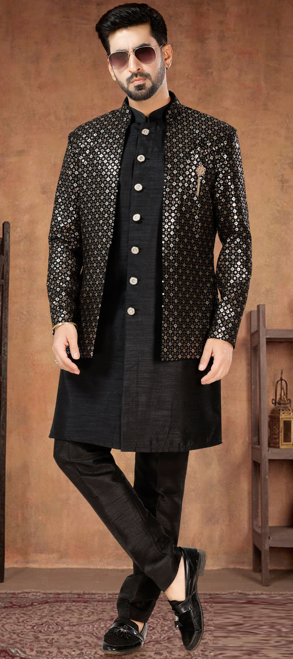 Party Wear Black Kurta Pajama With Black Jacket Festive, Party