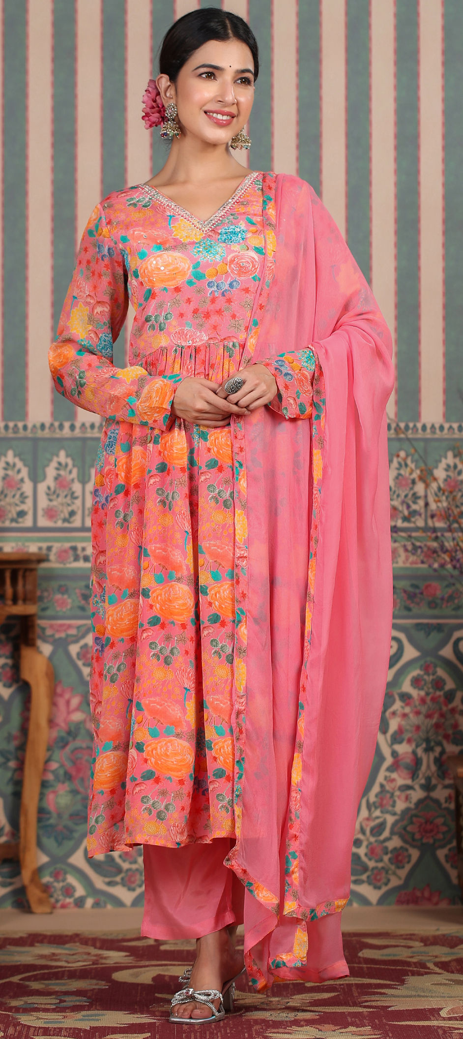 Exclusive Pink Beige Maheshwari Silk Salwar Kameez Dress Material MB07 main image 1