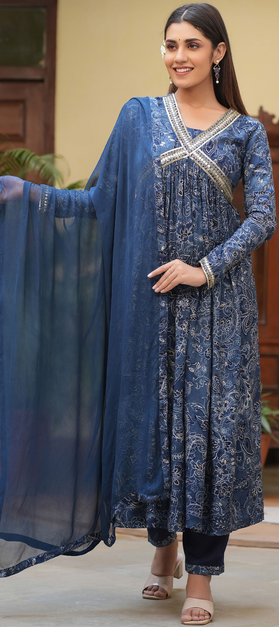 Blue & Pink Muslin Festive Style Salwar Suit main image 1