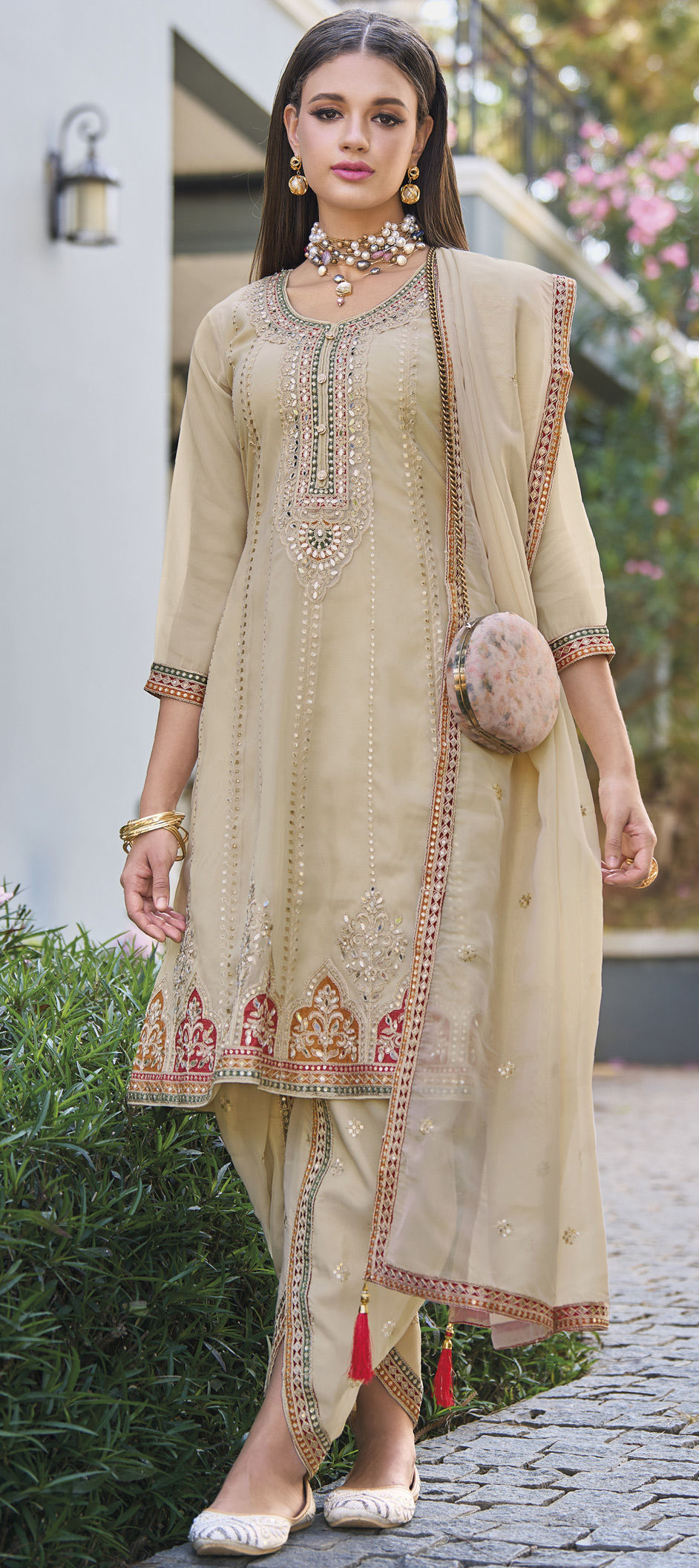 Traditional Party Wear Heavy Salwar Suit Beige Cotton Pant Straight main image 1