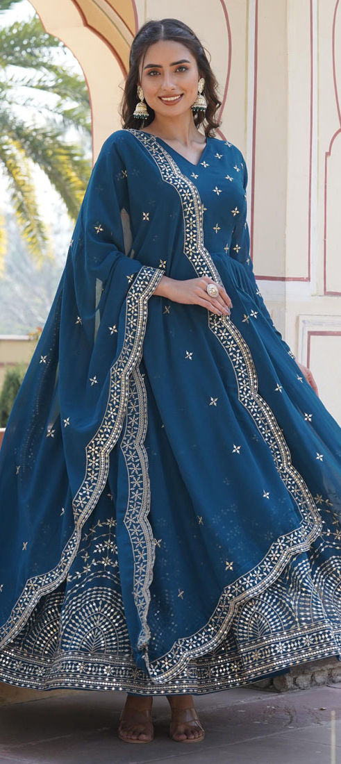 Navy Blue Designer Faux Georgette LCD Stone Work Gown Set