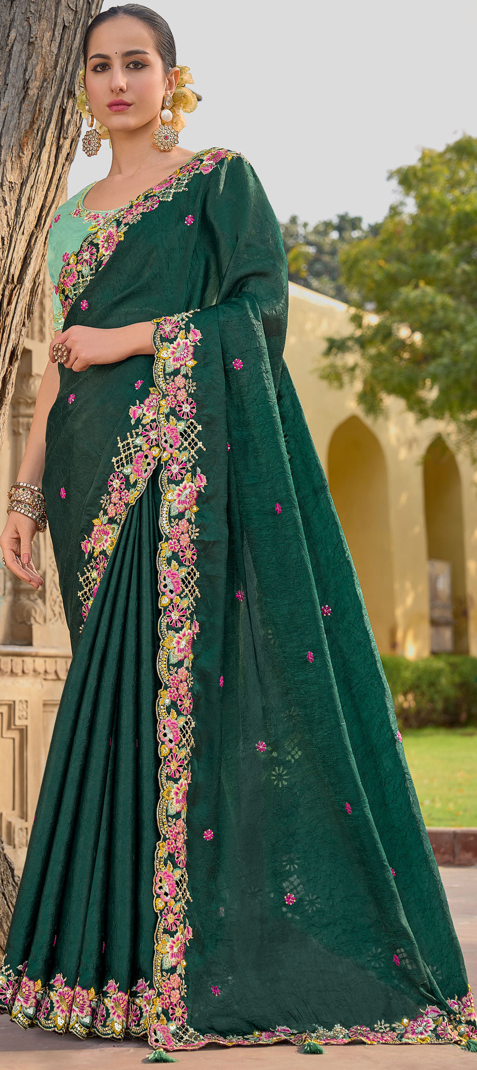 Traditional Mehendi Green Organza Tissue Saree with Sequin Border and Thread Work main image 1