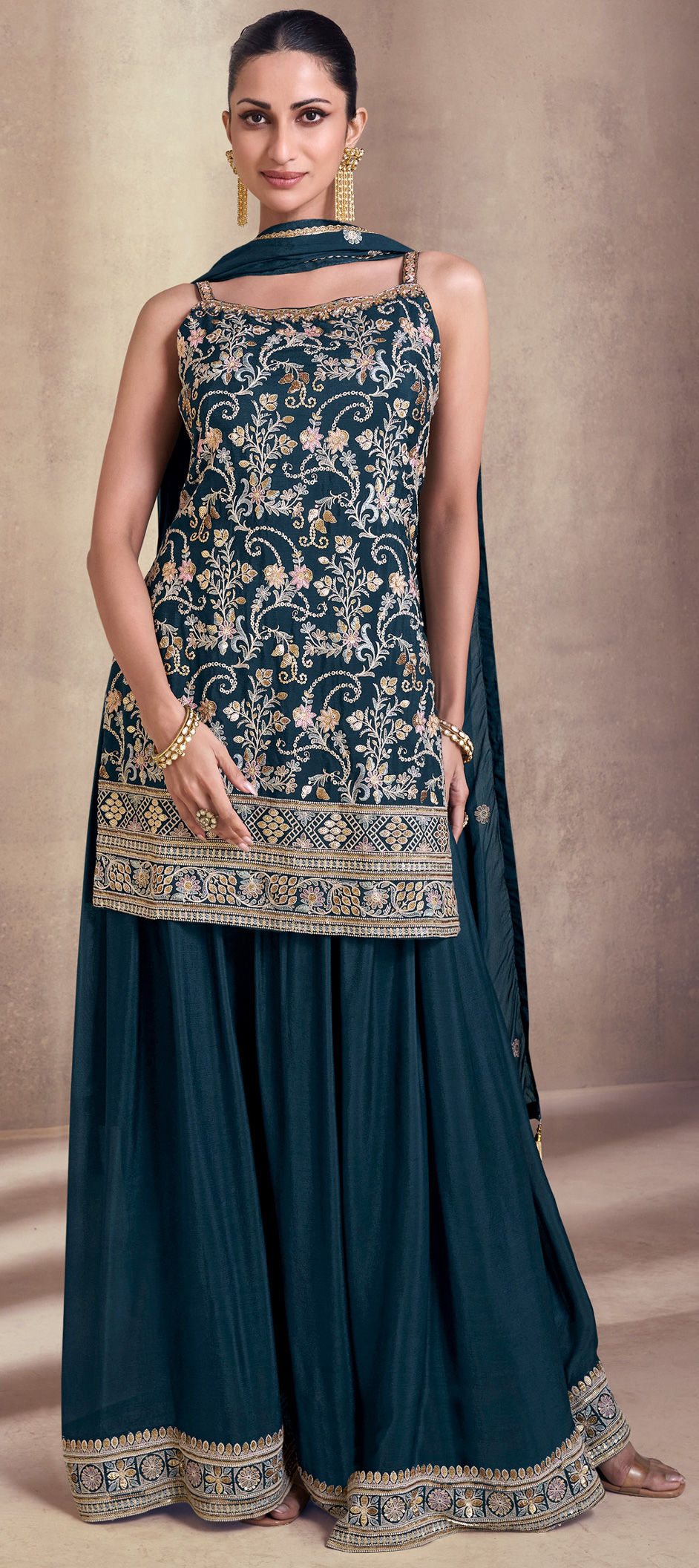 Blue Sharara style Salwar Kameez Faux Georgette