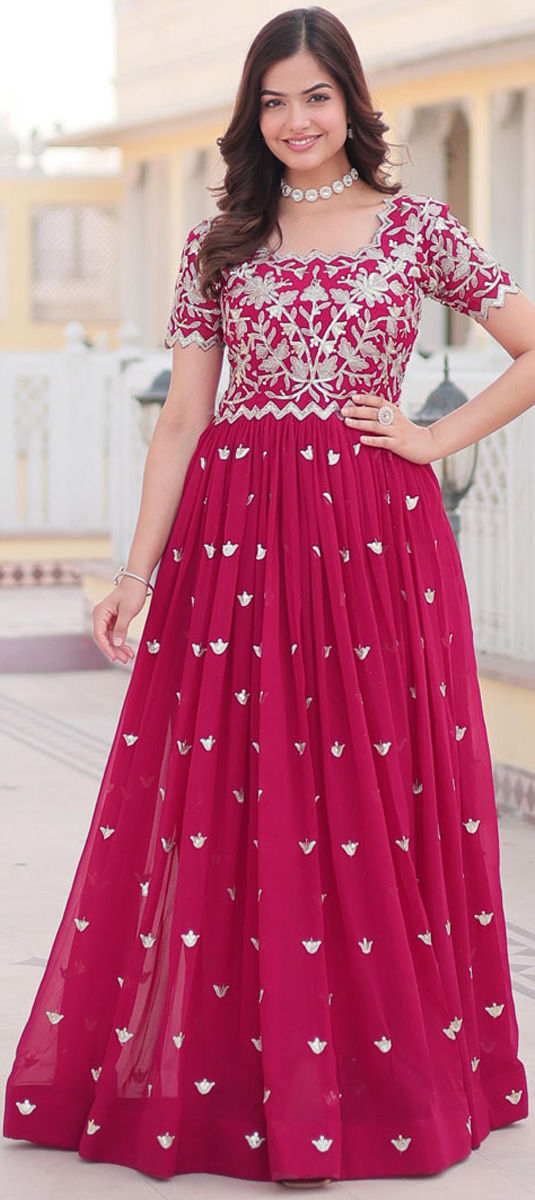 festive pink dress Cbazaar Women's Dresses and Gown | Pink Embroidered Organza Gown | Peach | Chic Style | Diwali | Trendy Neck Style
