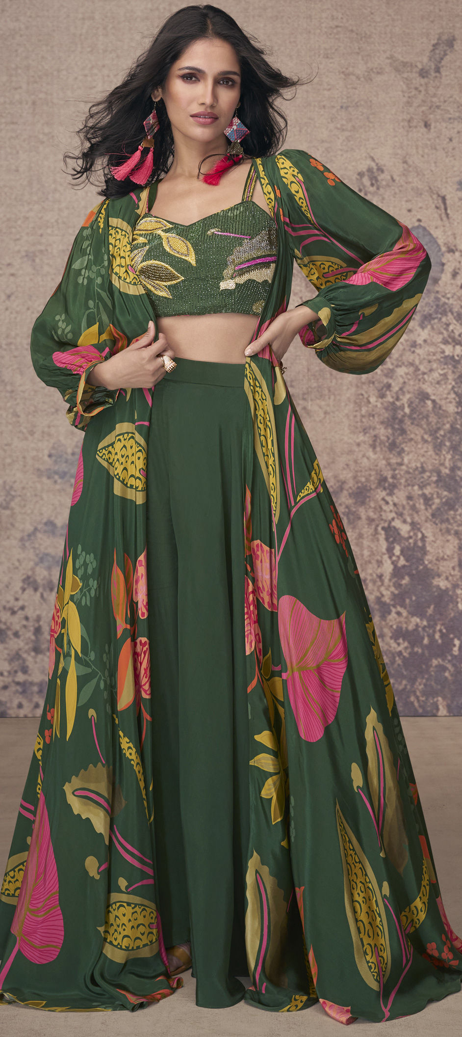 Straight Cut Bottle Green Silk Festive Salwar Kameez