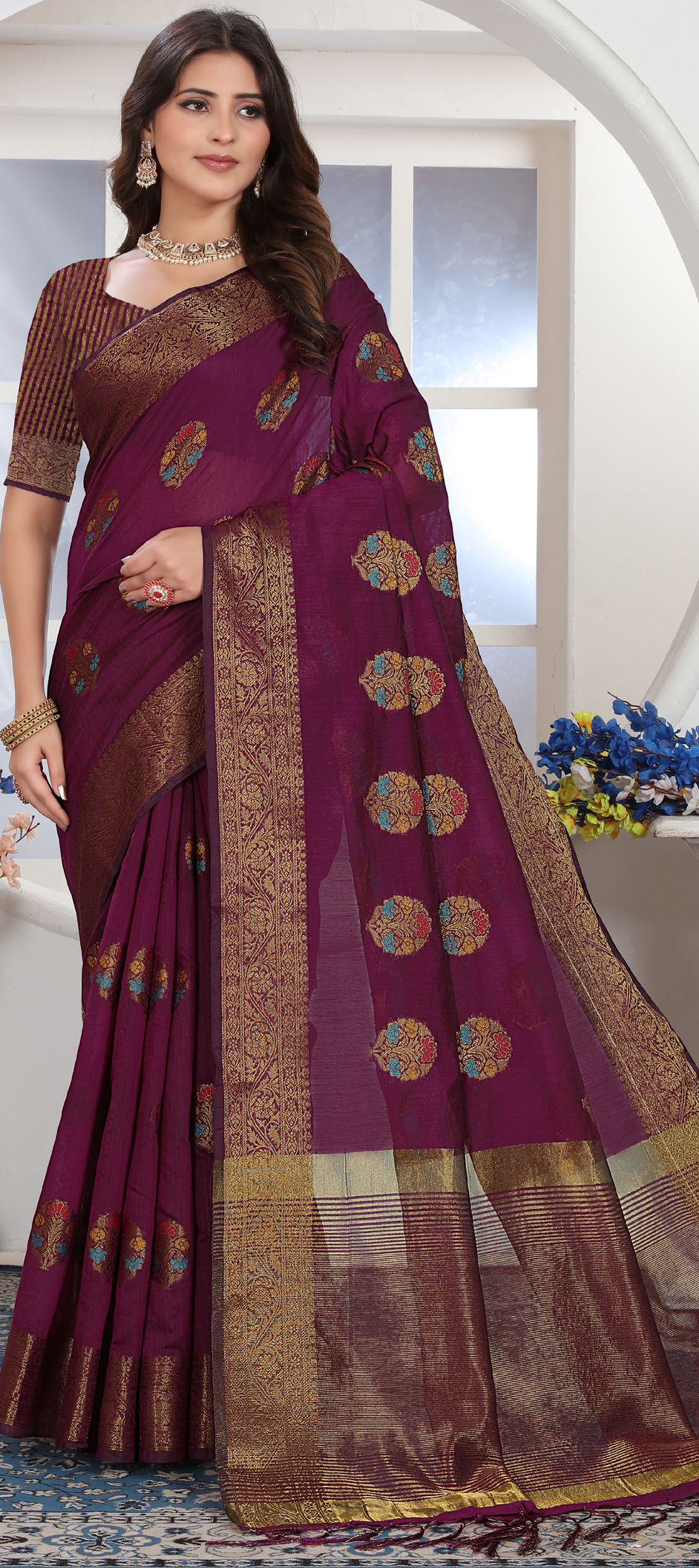 Cotton Blend Purple Traditional Saree main image 1