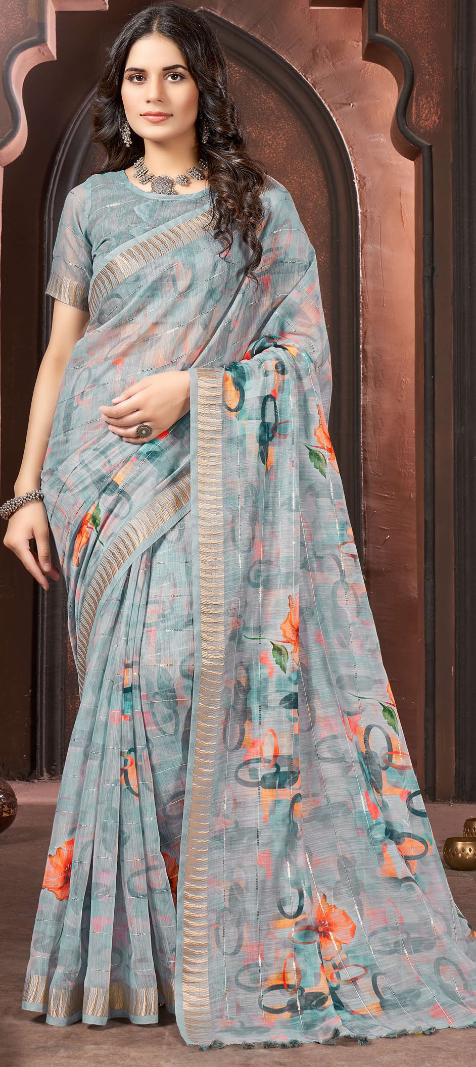 Black, Maroon and Grey Cotton Sari main image 0