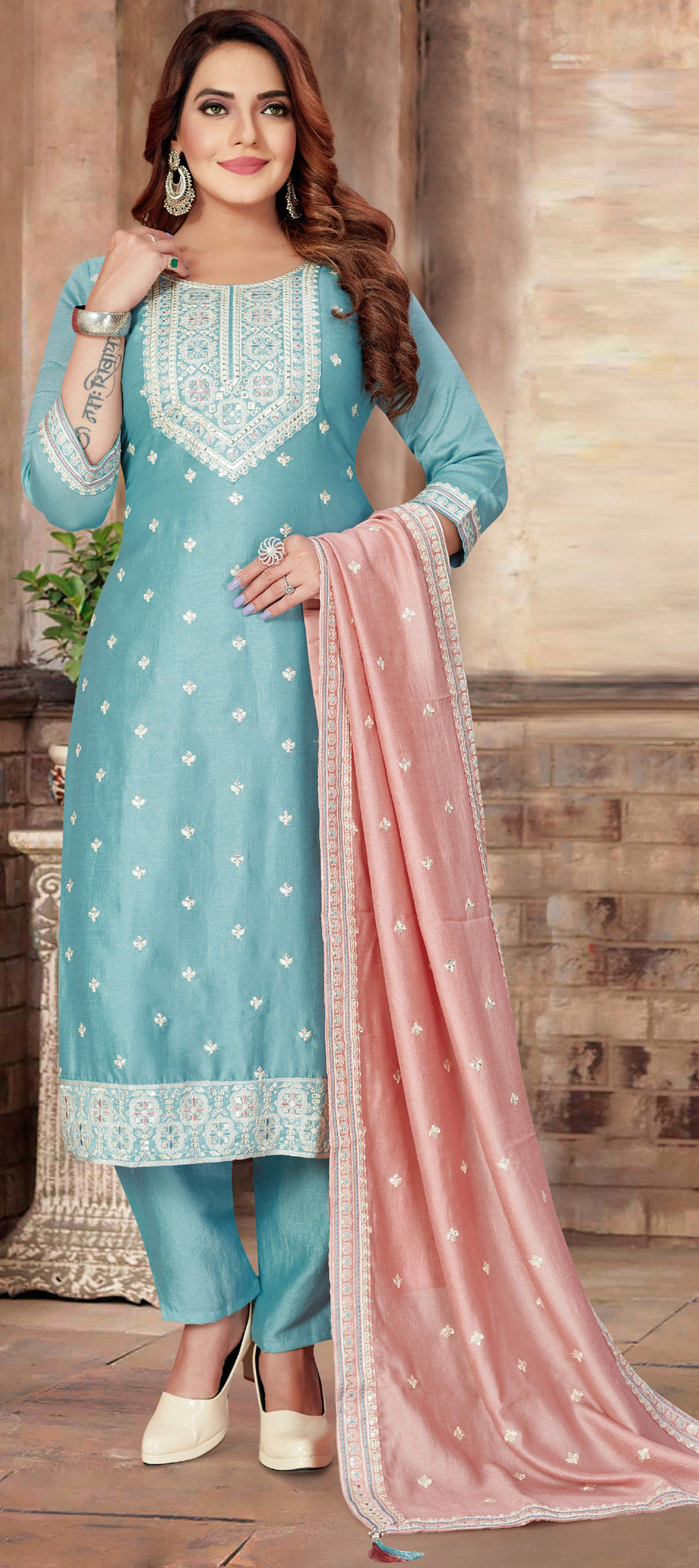 Exclusive Blue Red Maheshwari Silk Salwar Kameez Dress Material MB02 main image 1