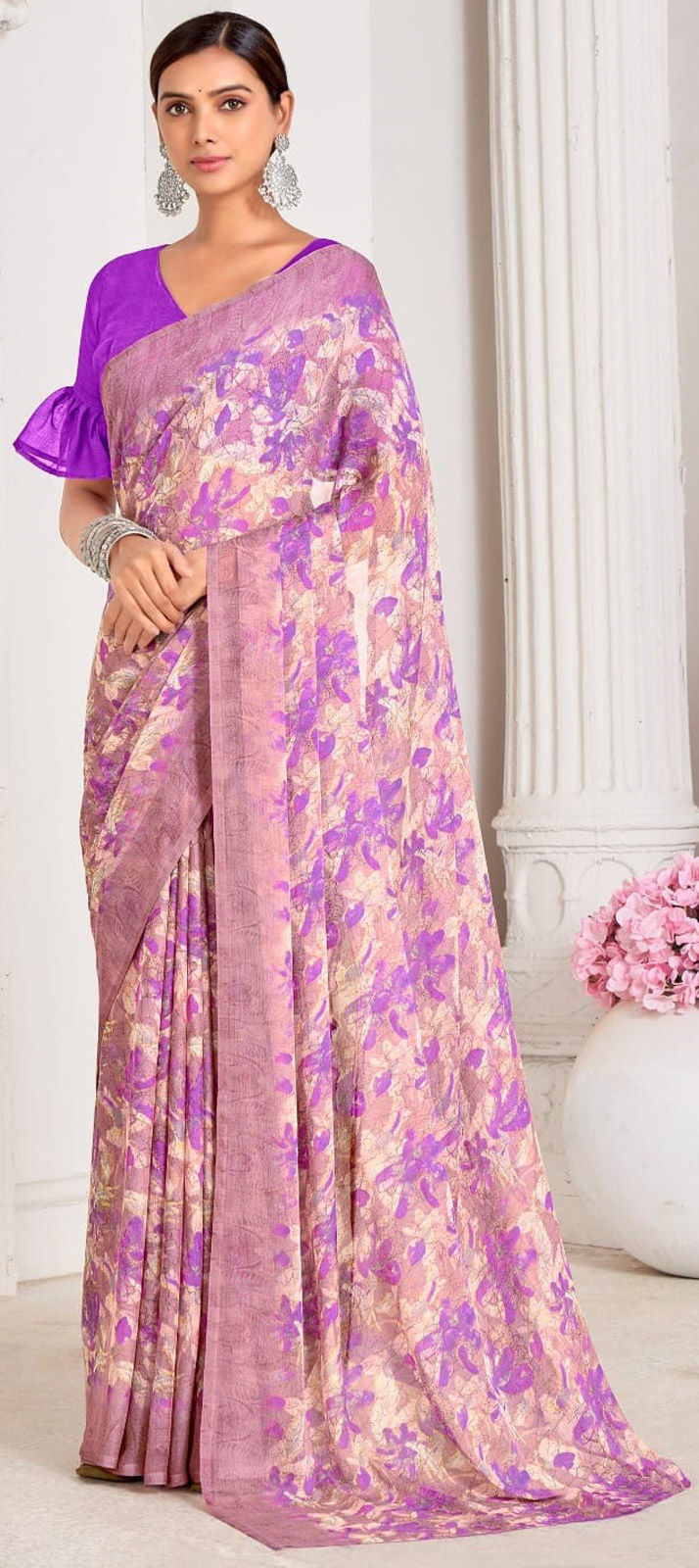 Fuchsia Multicolor Chiffon Readymade/Easy Saree
