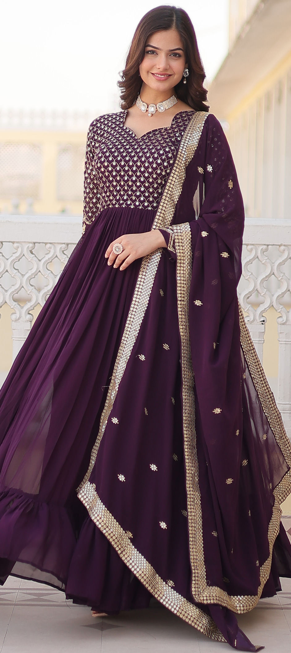 Violet Georgette Embroidered Designer Gown