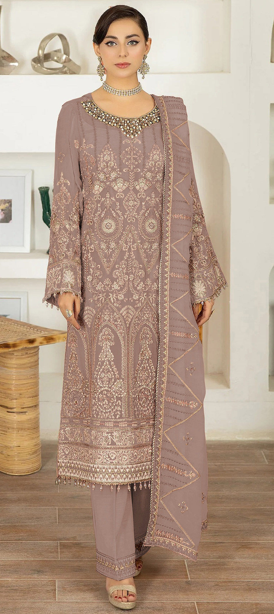 Trendy Beige Georgette Designer Traditional Party Wear Salwar Suit With Beige Santoon
