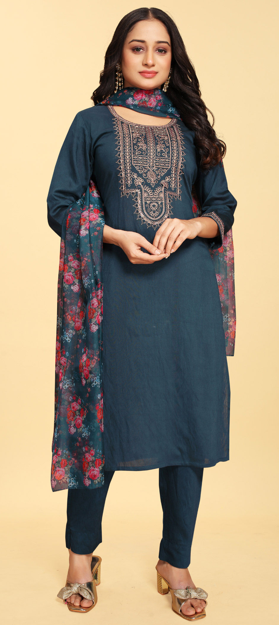 Premium Party Wear Pure Muslin Silk Blue 3 Pcs Salwar Set