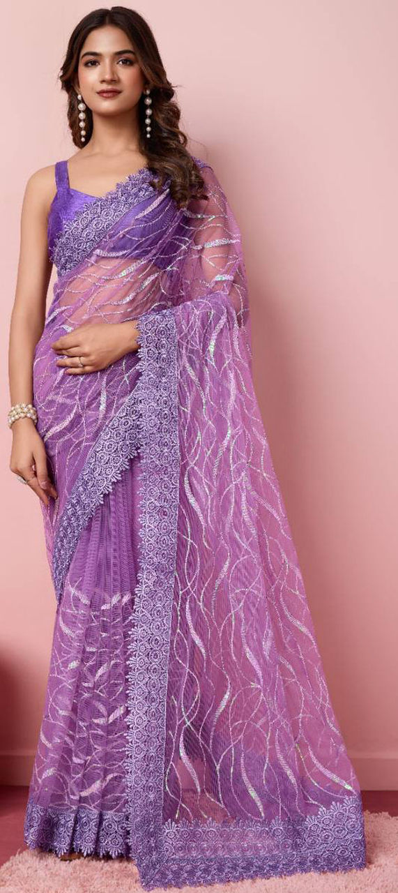 Glam Purple Applique Net Designer Bridal Party Wear Saree