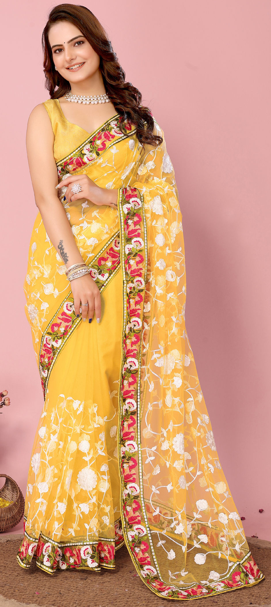Yellow Fancy Fabric Embroidered Festive Saree