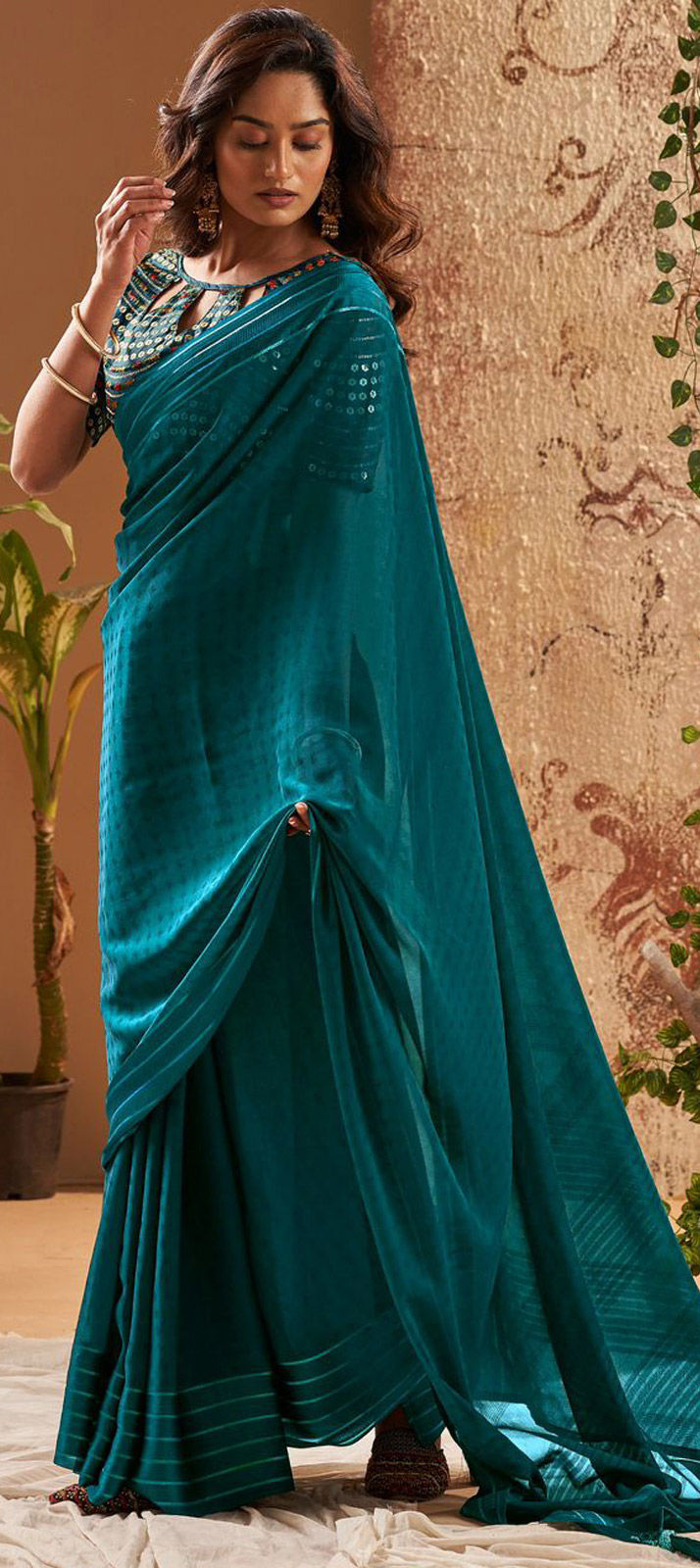 Blue Georgette Silk Embroidered Festive Party Saree