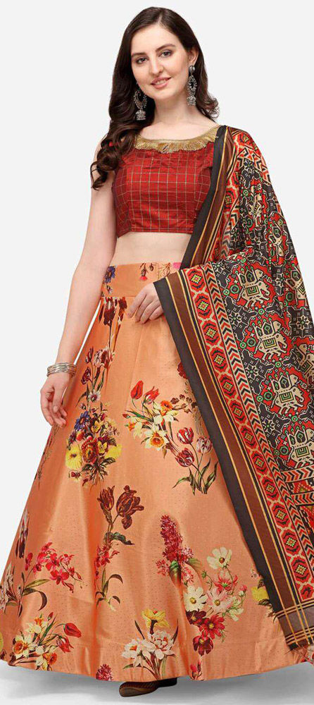 Orange Kilim printed tiered Lehenga