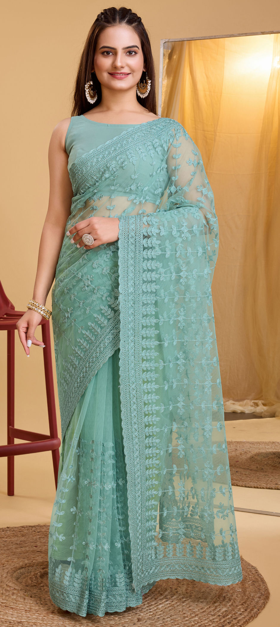 Embroidered Green Net Partywear Saree main image 0