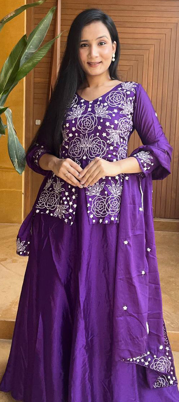 Foil Printed Silk Purple Embroidered Festive Anarkali Gown