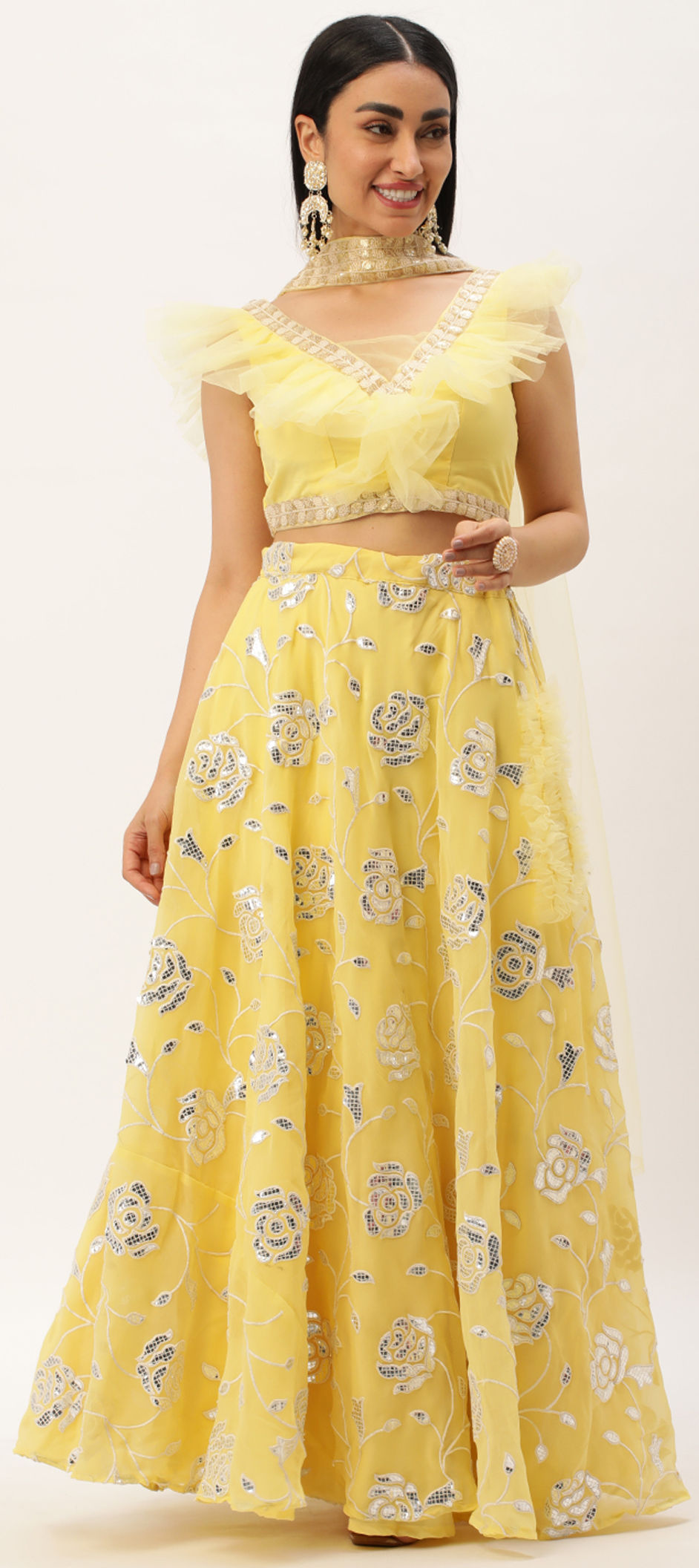Yellow Georgette Embroidered Lehenga Set for Women with Short Shrug and Blouse – Wedding Wear