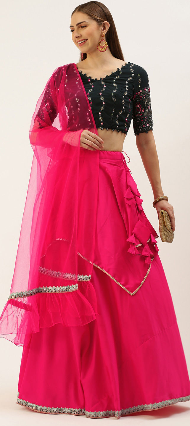 Pink and Black Lehenga set In Satin Silk