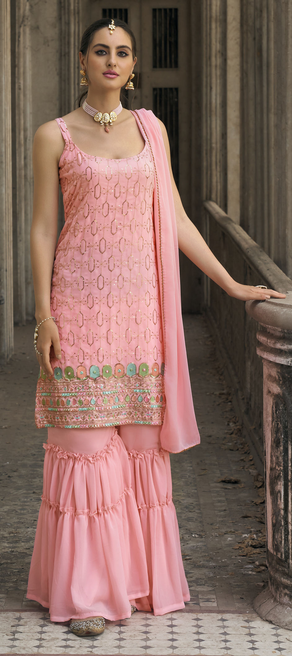 Pink Sharara style Salwar Kameez Faux Georgette