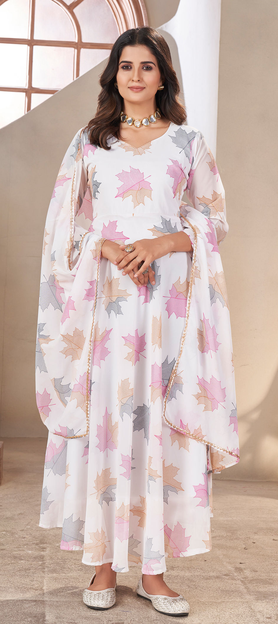 festive wear , beautiful frock/ gown , grey& white ( e 8)