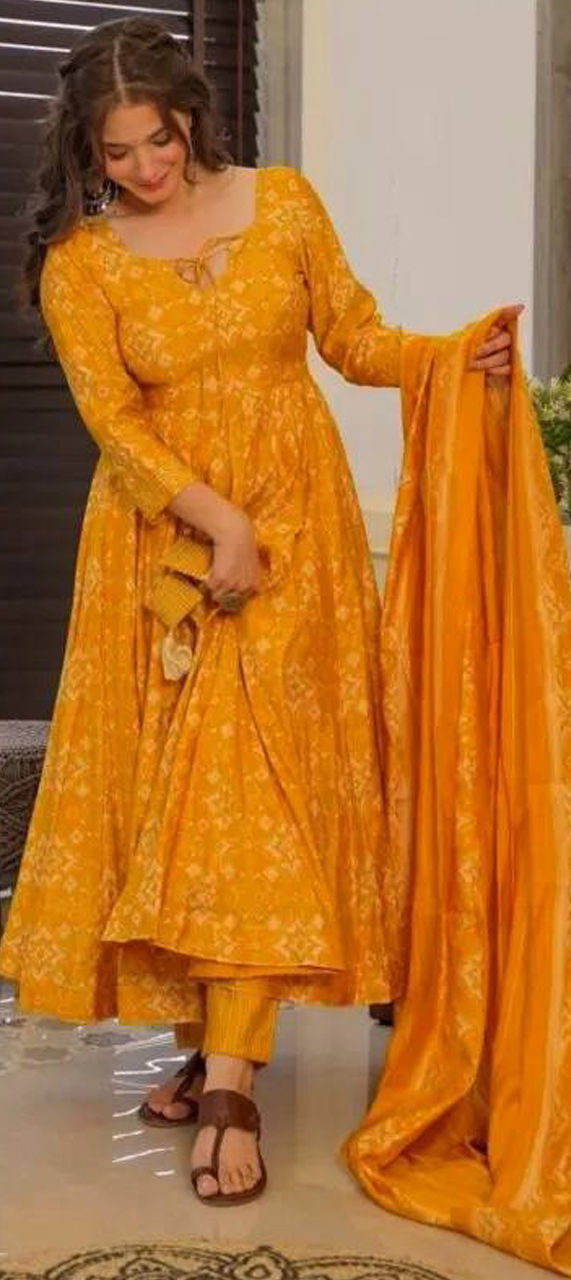 Printed Yellow Muslin Festive Style Salwar Suit