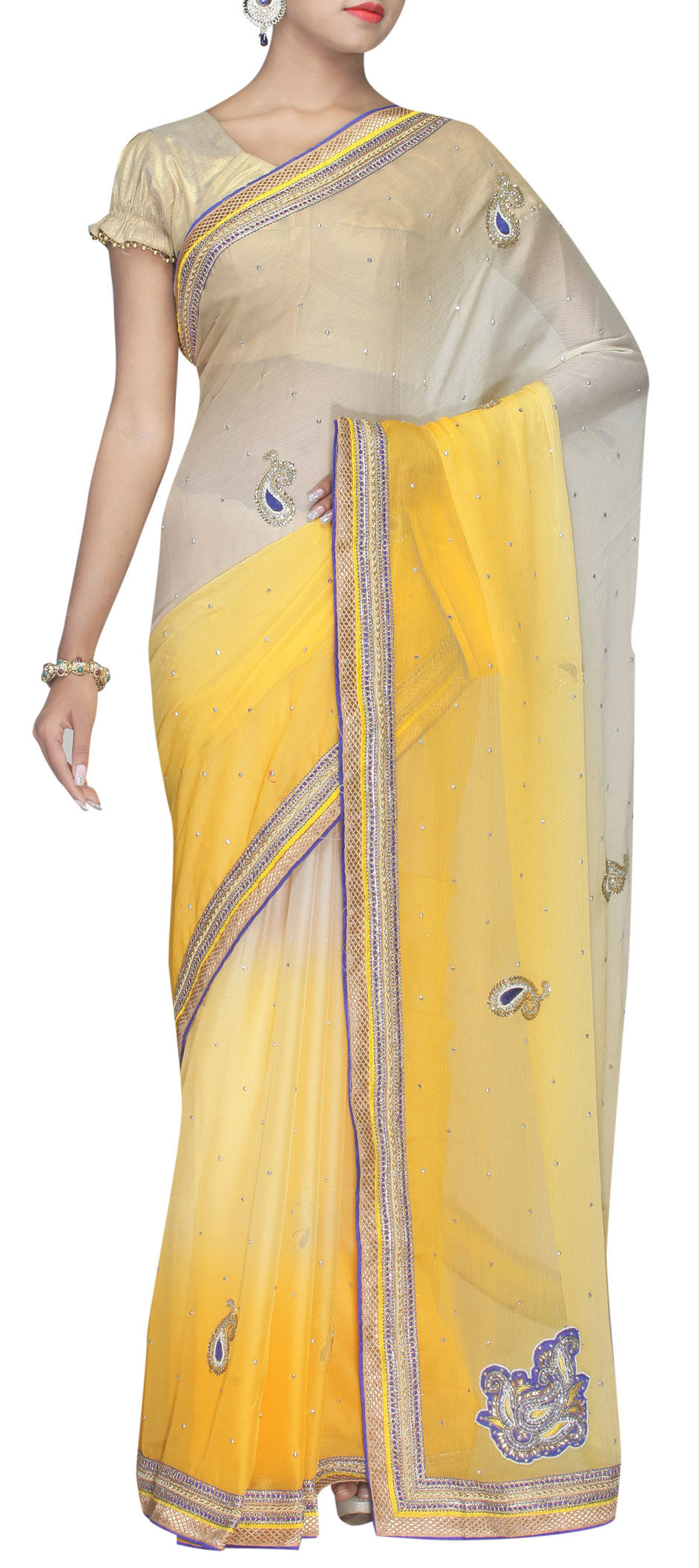Beige with Yellow Designer Saree