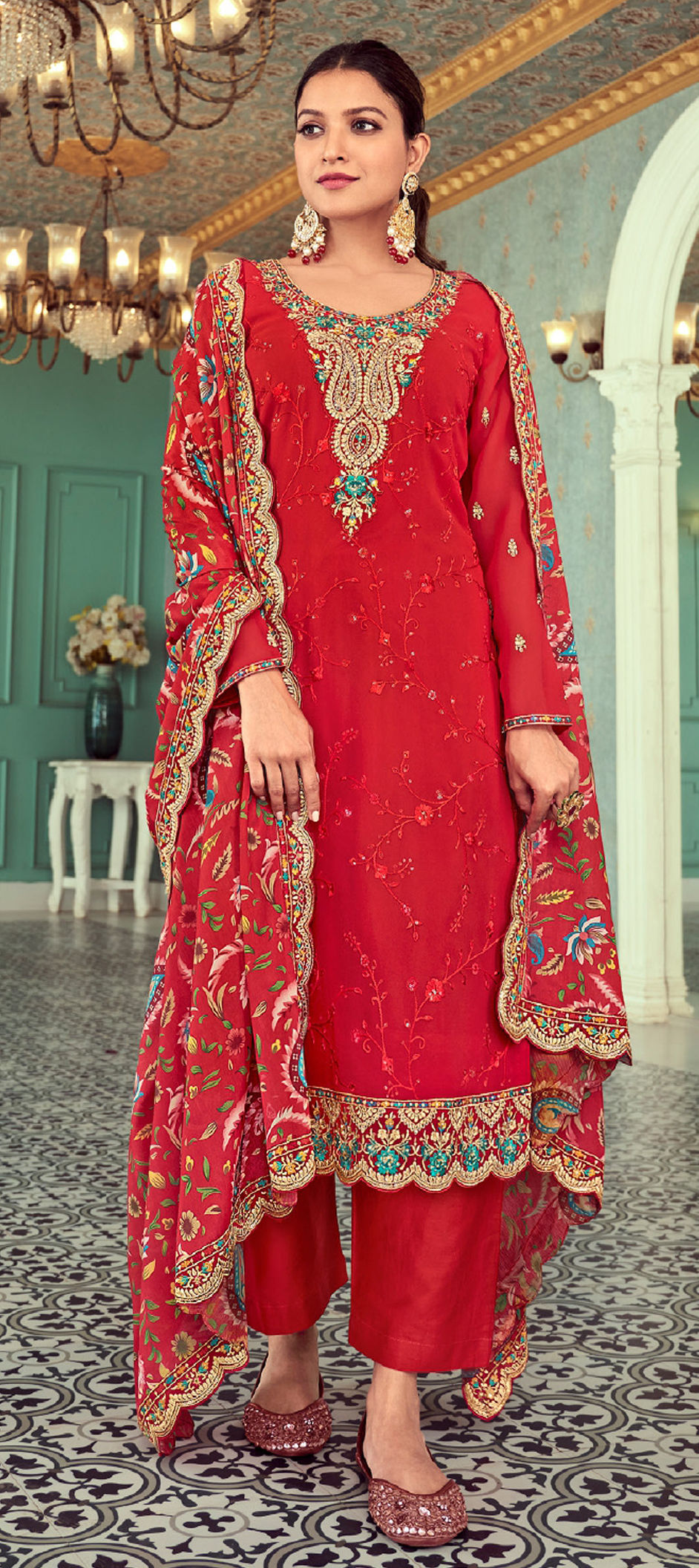 Chic Maroon Organza Designer Party Wear Readymade Salwar Suit With Maroon Santoon