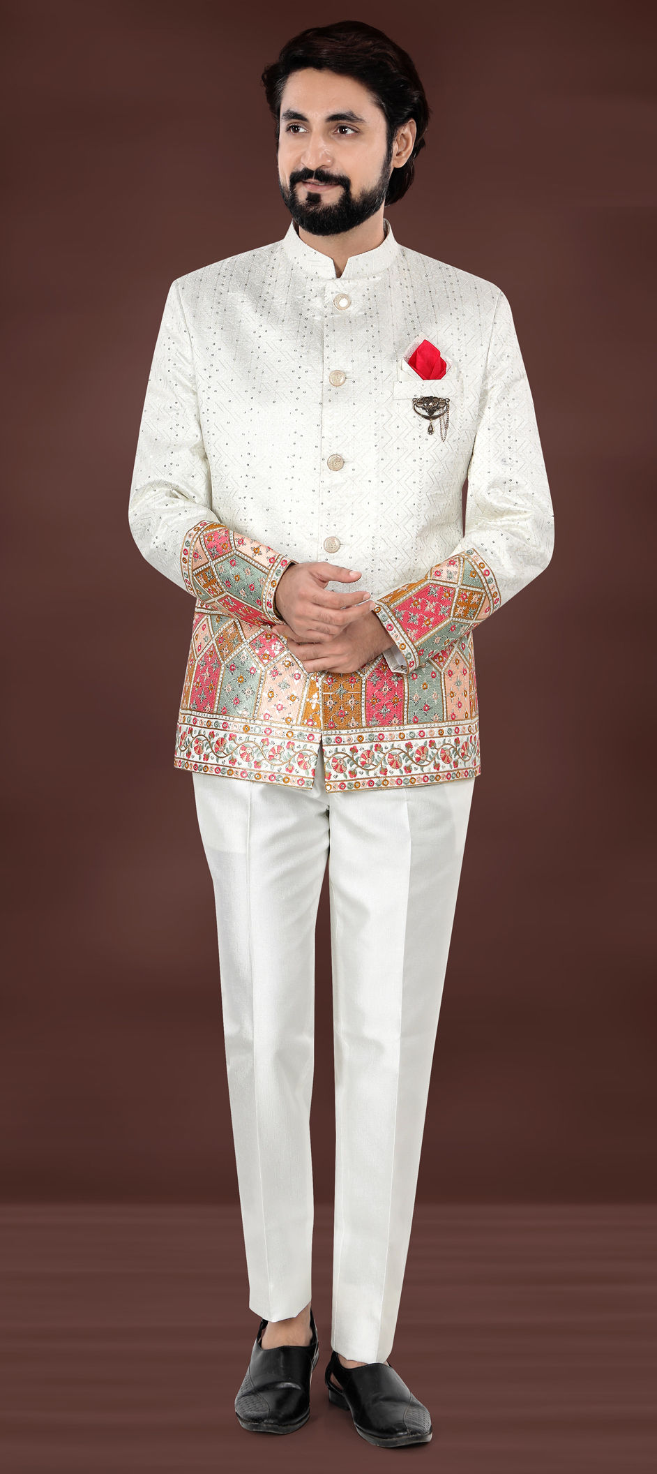 Wedding White and Off White color Jacquard fabric Jodhpuri Suit