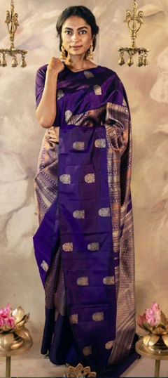 Handwoven Art Silk Saree - Vivid Violet + Persian Indigo