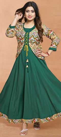 Fresh & Flowing Fully Flared Green Rayon Gown with Artistic Digital Prints