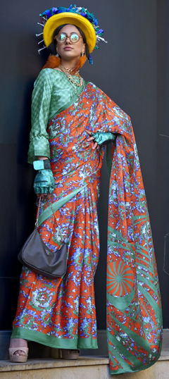 Orange Crepe Drape Saree And Blouse With Crystal Tassels All Over main image 0